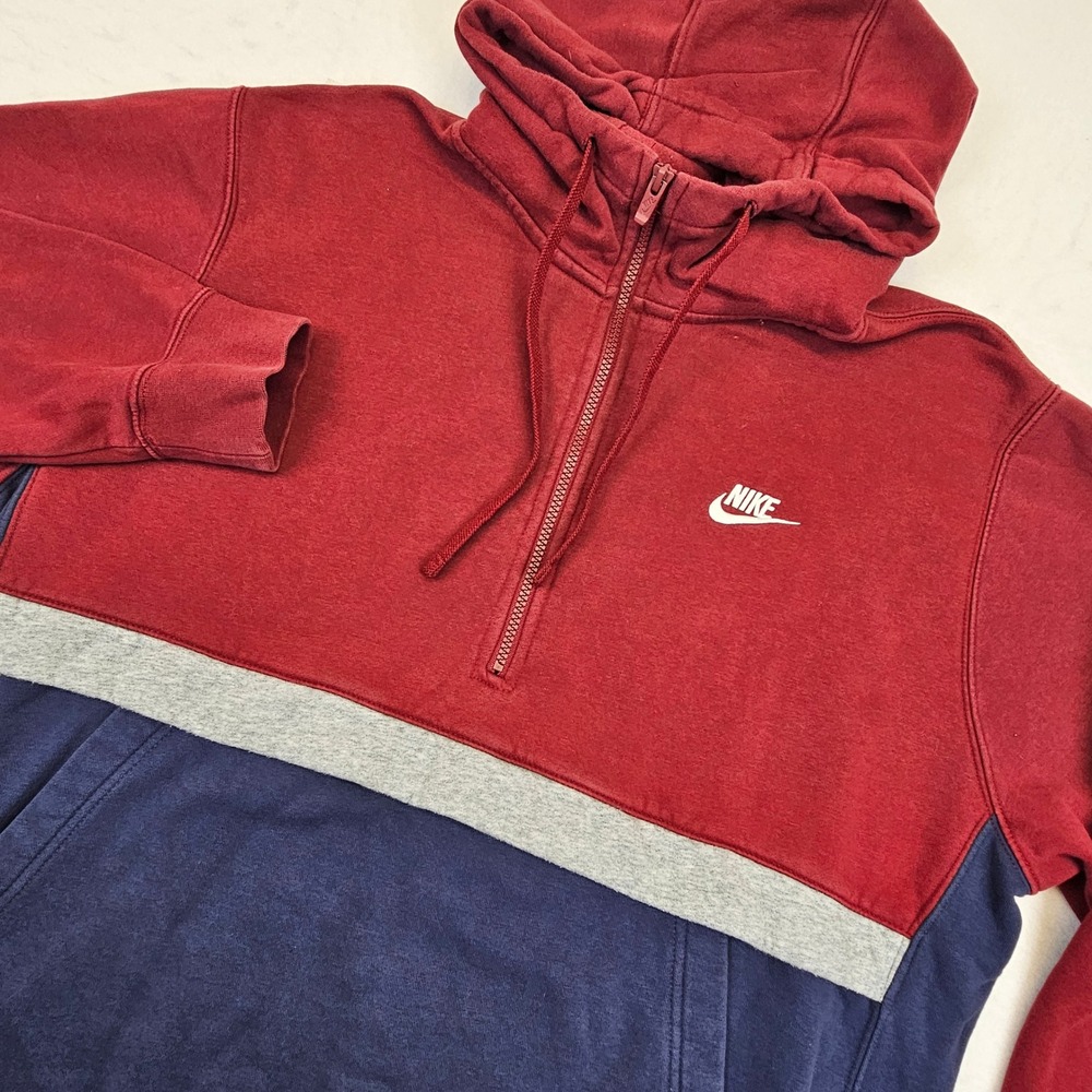Vtg Nike Mens XL Quarter Zip Hoodie Colorblock Burgundy Blue Fleece Pullover